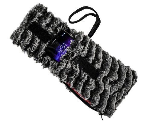 Open Cell Phone Case with Wristlet Cord | Desert Sand in Charcoal Faux Fur | Handmade in the USA by Pandemonium Seattle