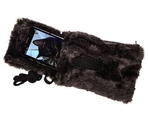 Cell Phone showing cat in Case with Cord | Espresso Bean Faux Fur | Handmade in the USA by Pandemonium Seattle