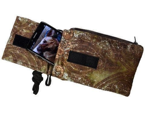 Cell Phone showing dog in Case with Cord | Renaissance Everglade Upholstery Fabric | Handmade in the USA by Pandemonium Seattle