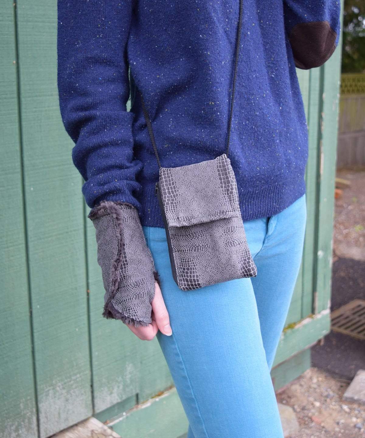 Hand Wrap Gloves with matching Cell Phone Case with Crossbody Cord | Outback Brown Vegan Leather Fabric | Handmade in the USA by Pandemonium Seattle