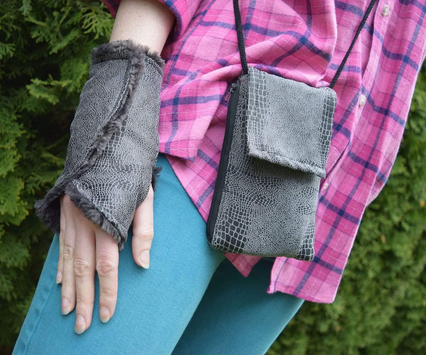 Cell Phone Case with Crossbody Cord | Outback Black Vegan Leather Fabric | Handmade in the USA by Pandemonium Seattle