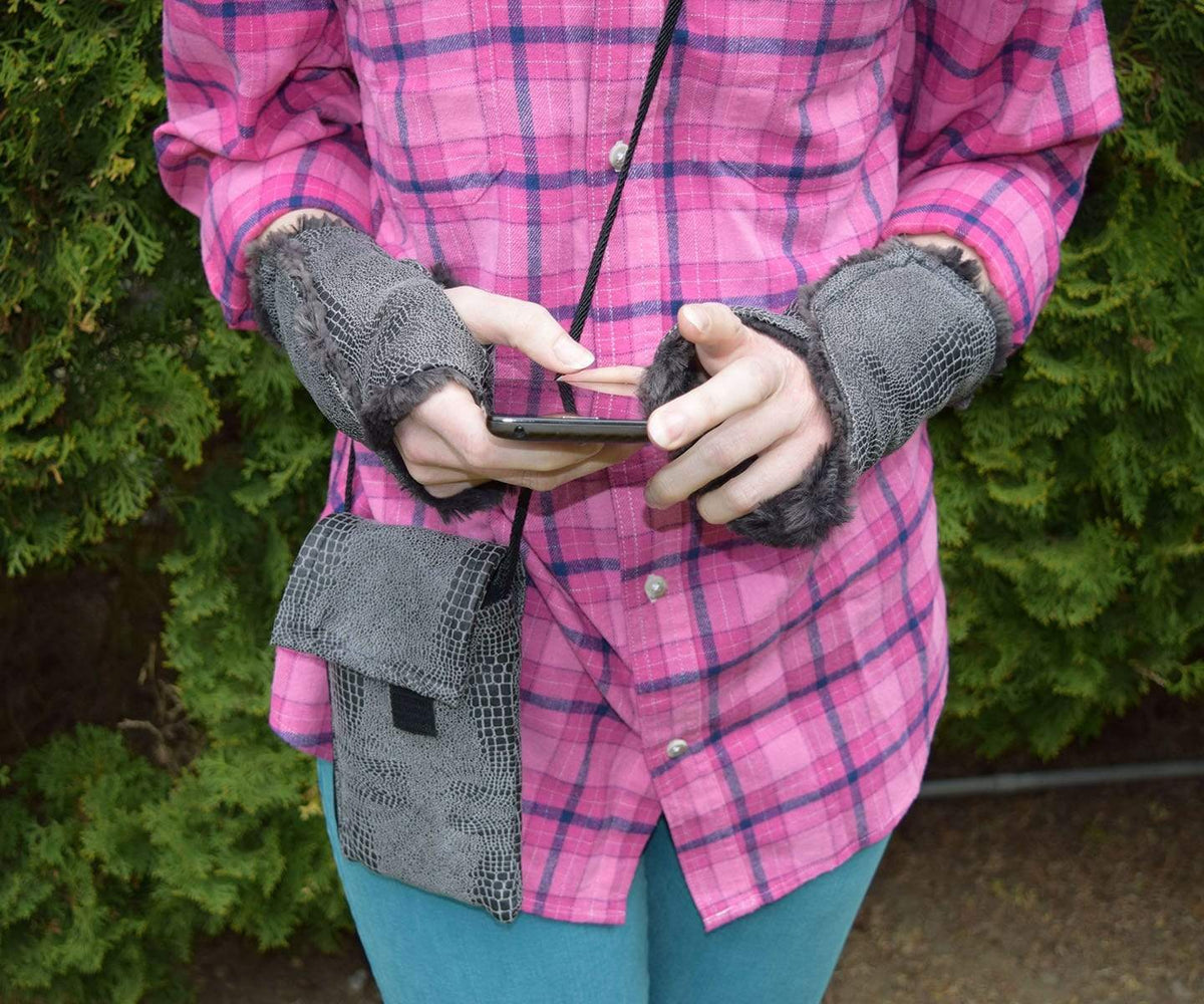 close up of someone with a phone and Cell Phone Case with Crossbody Cord | Outback Brown Vegan Leather Fabric | Handmade in the USA by Pandemonium Seattle