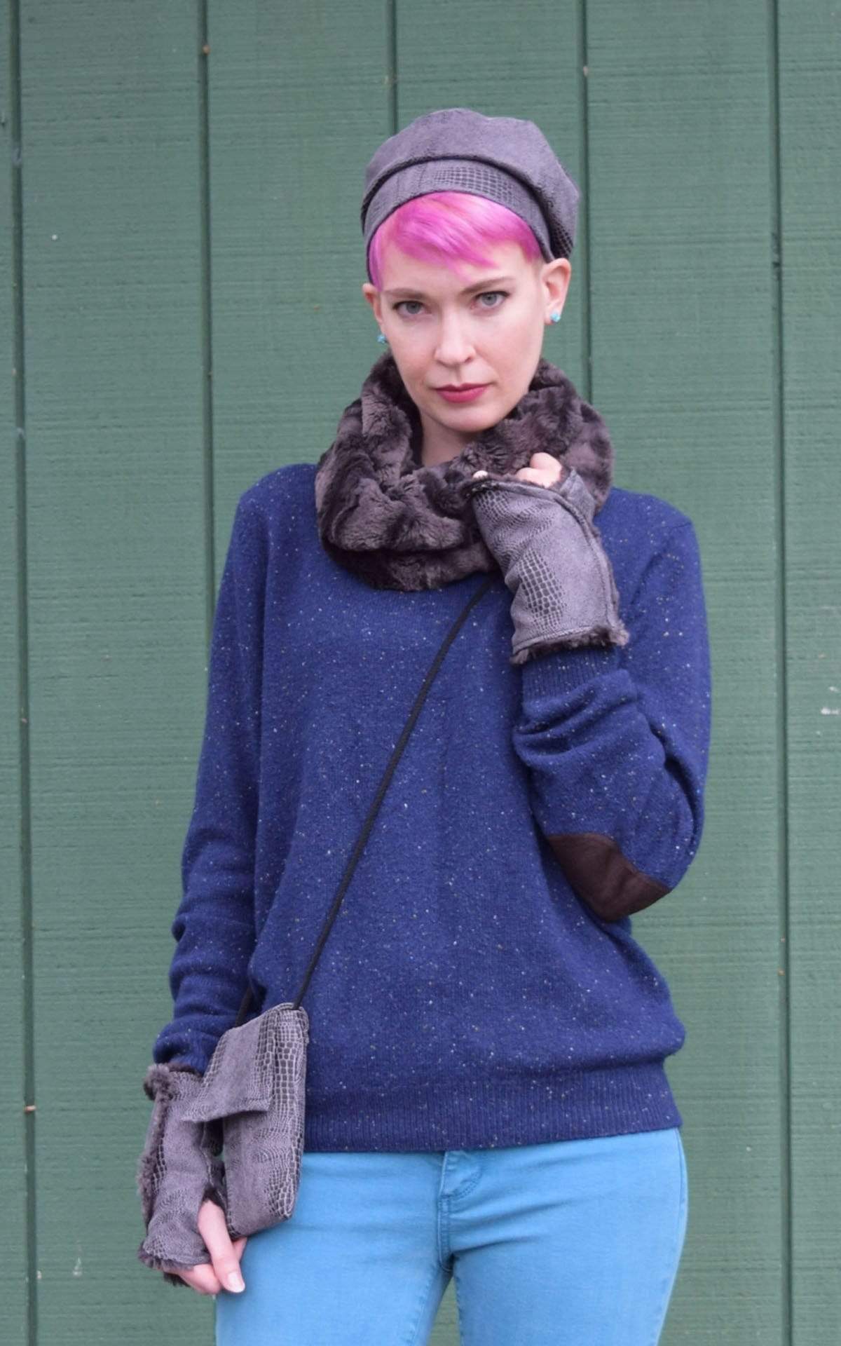 Matching glove, hat and Cell Phone Case with Crossbody Cord | Outback Brown Vegan Leather Fabric | Handmade in the USA by Pandemonium Seattle