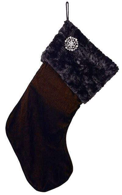 Custom Stocking Black / Gold Velvet with Cuddly Black with Rhinestone Brooch| Luxury Faux Fur Designer | Handmade by Pandemonium Millinery Seattle, WA usa