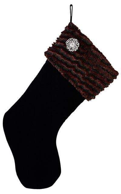 Custom Stocking Black Velvet with Desert Sand In Crimson, Red Rhinestone Brooch  | Luxury Faux Fur Designer | Handmade by Pandemonium Millinery Seattle, WA usa