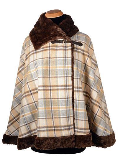 classic cape - daybreak wool plaid lined chocolate faux fur - handmade in USA by pandemonium millinery