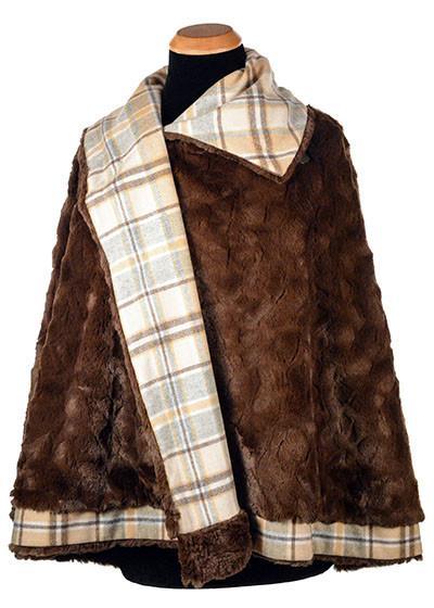 classic cape reversed - daybreak wool plaid lined chocolate faux fur - handmade in USA by pandemonium millinery