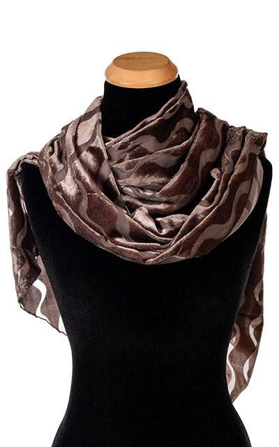 close up of Women&#39;s Handkerchief Scarf - Burnout Velvet  on Mannequin | Java Sea, Brown, Taupeful Handmade in Seattle WA Pandemonium Millinery