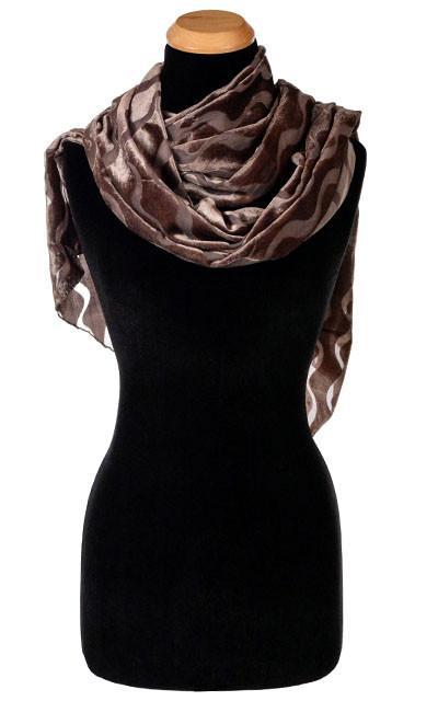 Women's Handkerchief Scarf - Burnout Velvet  on Mannequin | Java Sea, Brown, Taupeful Handmade in Seattle WA Pandemonium Millinery