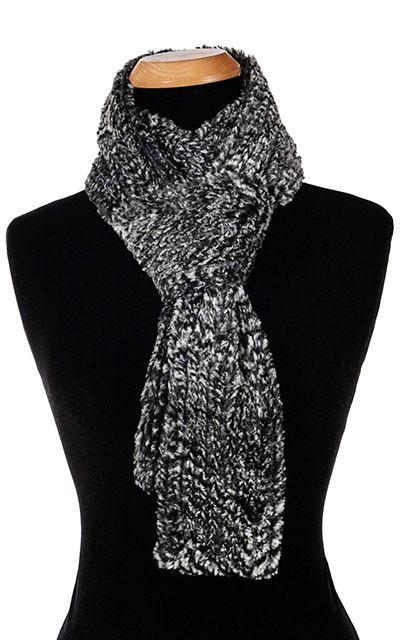 Women's Classic Skinny Scarf on Mannequin | Cozy Cable in Ash Faux Fur, Black and White | Handmade in Seattle WA Pandemonium Millinery
