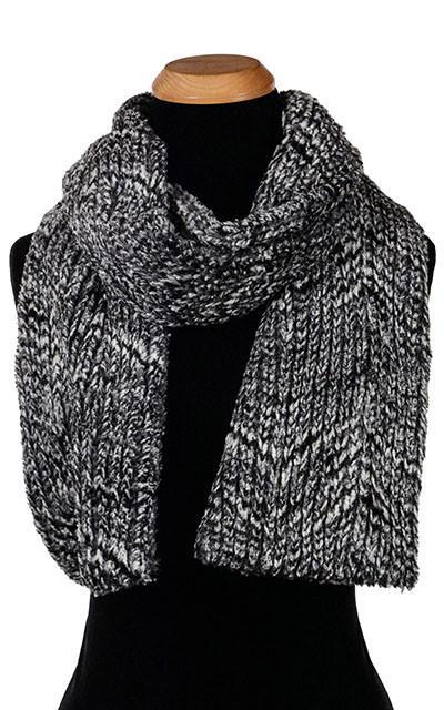 Women's Classic Scarf on Mannequin | Cozy Cable in Ash Faux Fur, Black and White | Handmade in Seattle WA Pandemonium Millinery
