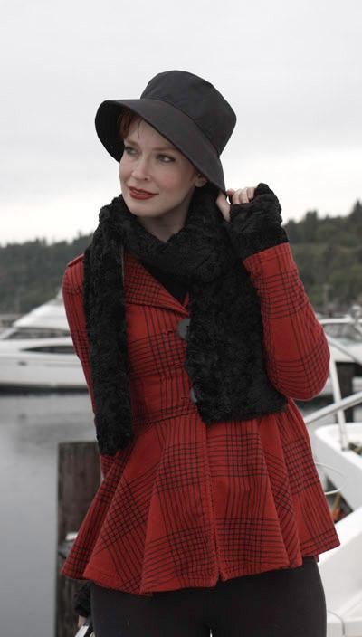 Model on boat deck wearing a holly bucket rain hat and a Classic Scarf Cuddly Black | Cuddly Faux Fur | Handmade in Seattle WA Pandemonium Millinery
