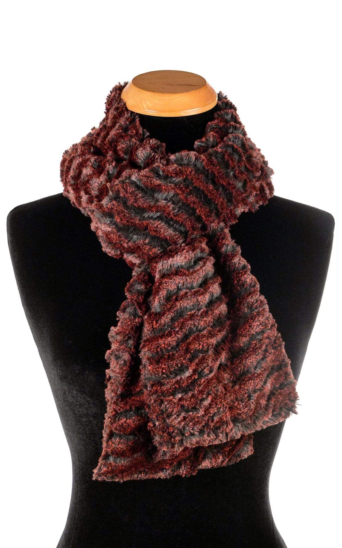 Product shot of  Classic Ladies Scarf on Mannequin | Desert Sand in Crimson Faux Fur | Handmade in Seattle WA Pandemonium Millinery