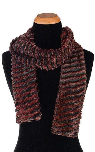 Product shot of Classic Skinny  Ladies Scarf on Mannequin | Desert Sand in Crimson Faux Fur | Handmade in Seattle WA Pandemonium Millinery