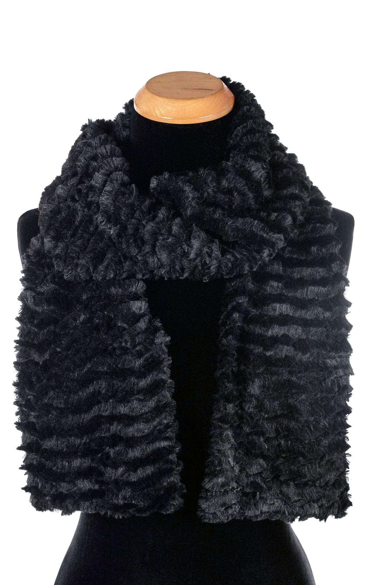 Product shot of  Classic Women's Scarf on Mannequin | Desert Sand in Black Midnight Faux Fur | Handmade in Seattle WA Pandemonium Millinery