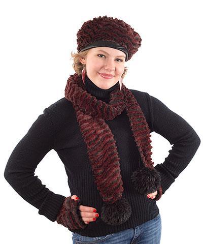 Model wearing beret fingerless gloves and matching Classic Skinny Scarf with Pom Poms | Desert Sand in Crimson Faux Fur | Handmade in Seattle WA Pandemonium Millinery