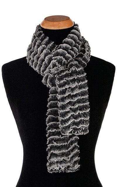 Product shot of  Classic women's Skinny  Scarf on Mannequin | Desert Sand in Black Charcoal Faux Fur | Handmade in Seattle WA Pandemonium Millinery