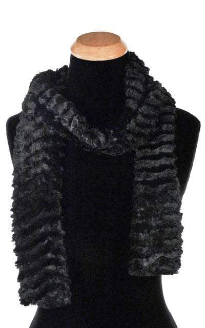 Product shot of  Classic Women's Skinny  Scarf on Mannequin | Desert Sand in Black Midnight Faux Fur | Handmade in Seattle WA Pandemonium Millinery