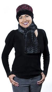 Model in black  leather coat wearing a Cuffed pillbox hat and matching Classic Scarf | Desert Sand in Crimson Faux Fur | Handmade in Seattle WA Pandemonium Millinery