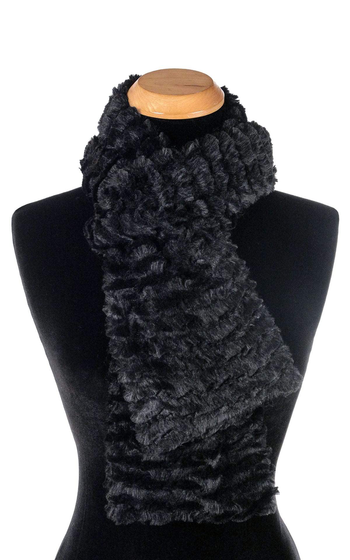 Product shot of  Classic women's  Scarf on Mannequin | Desert Sand in Black Midnight Faux Fur | Handmade in Seattle WA Pandemonium Millinery