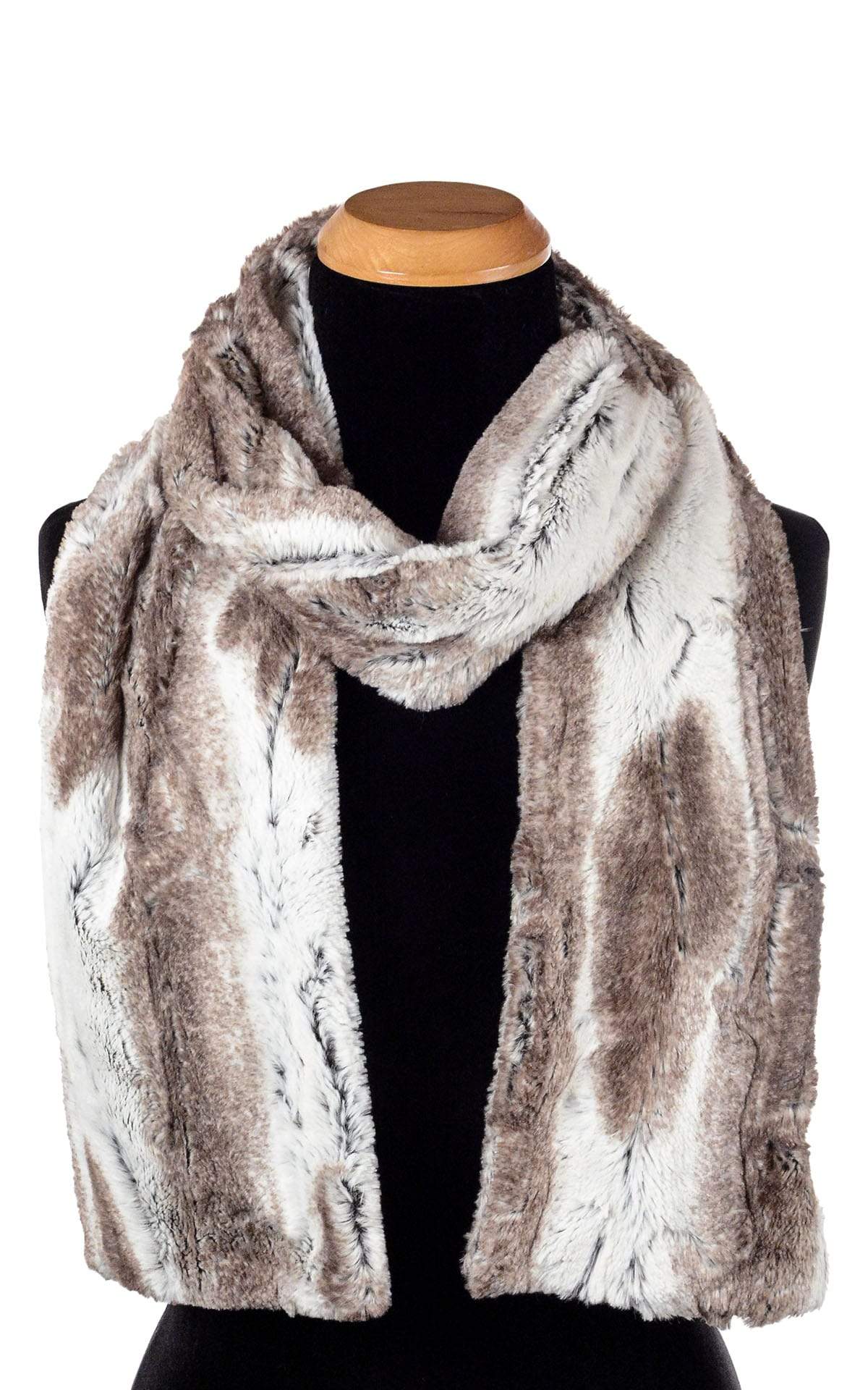 Women’s Product shot of Classic Scarf on mannequin | Birch Faux Fur, Brown and Ivory | Handmade in Seattle WA Pandemonium Millinery