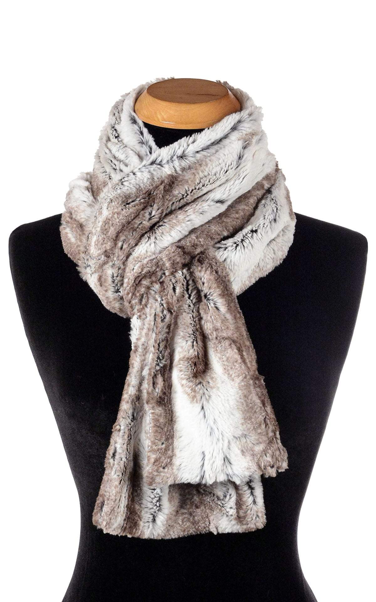 Women’s Product shot of Classic Scarf on mannequin  shown looped| Birch Faux Fur, Brown and Ivory | Handmade in Seattle WA Pandemonium Millinery