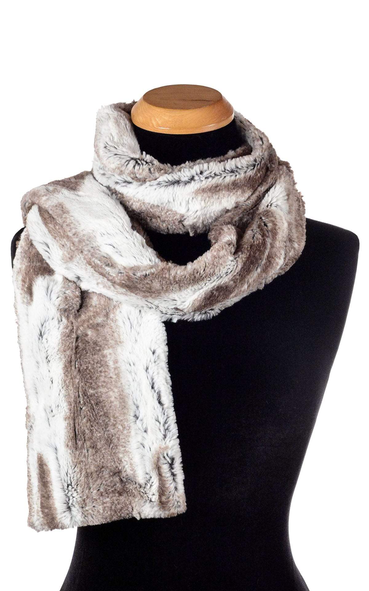 Women’s Product shot of Classic Scarf on mannequin | Birch Faux Fur, Brown and Ivory | Handmade in Seattle WA Pandemonium Millinery