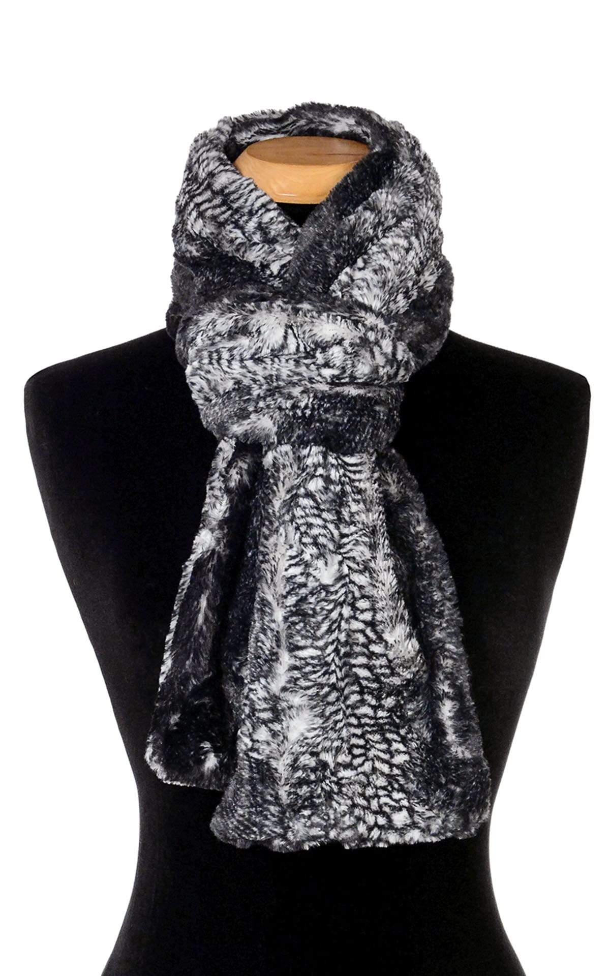 Women’s Product shot on mannequin of Classic Scarf | Black Mamba animal snake print Faux Fur | Handmade by Pandemonium Millinery Seattle, WA USA