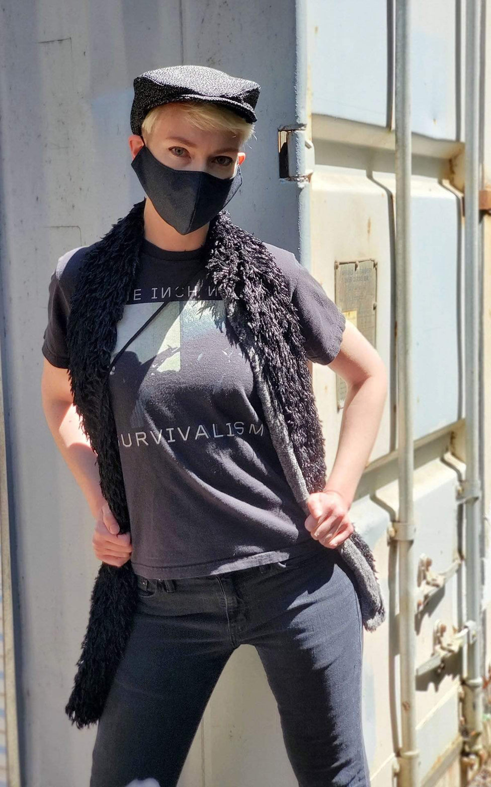 Model wearing Skinny Classic Scarf | Black Swan Faux Fur | Handmade by Pandemonium Millinery Seattle, WA USA
