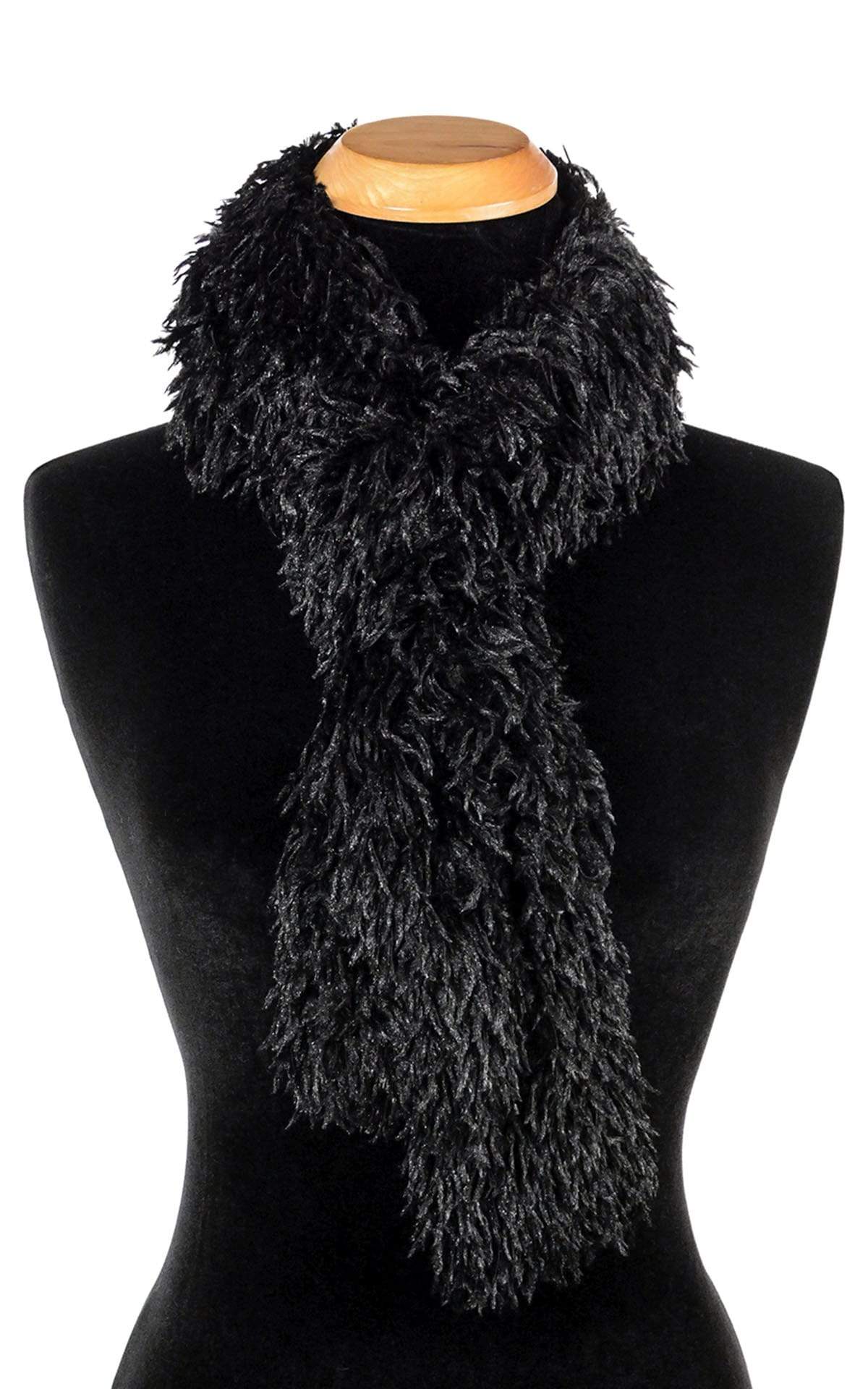 Women’s Product shot on mannequin of Skinny Classic Scarf | Black Swan Faux Fur | Handmade by Pandemonium Millinery Seattle, WA USA