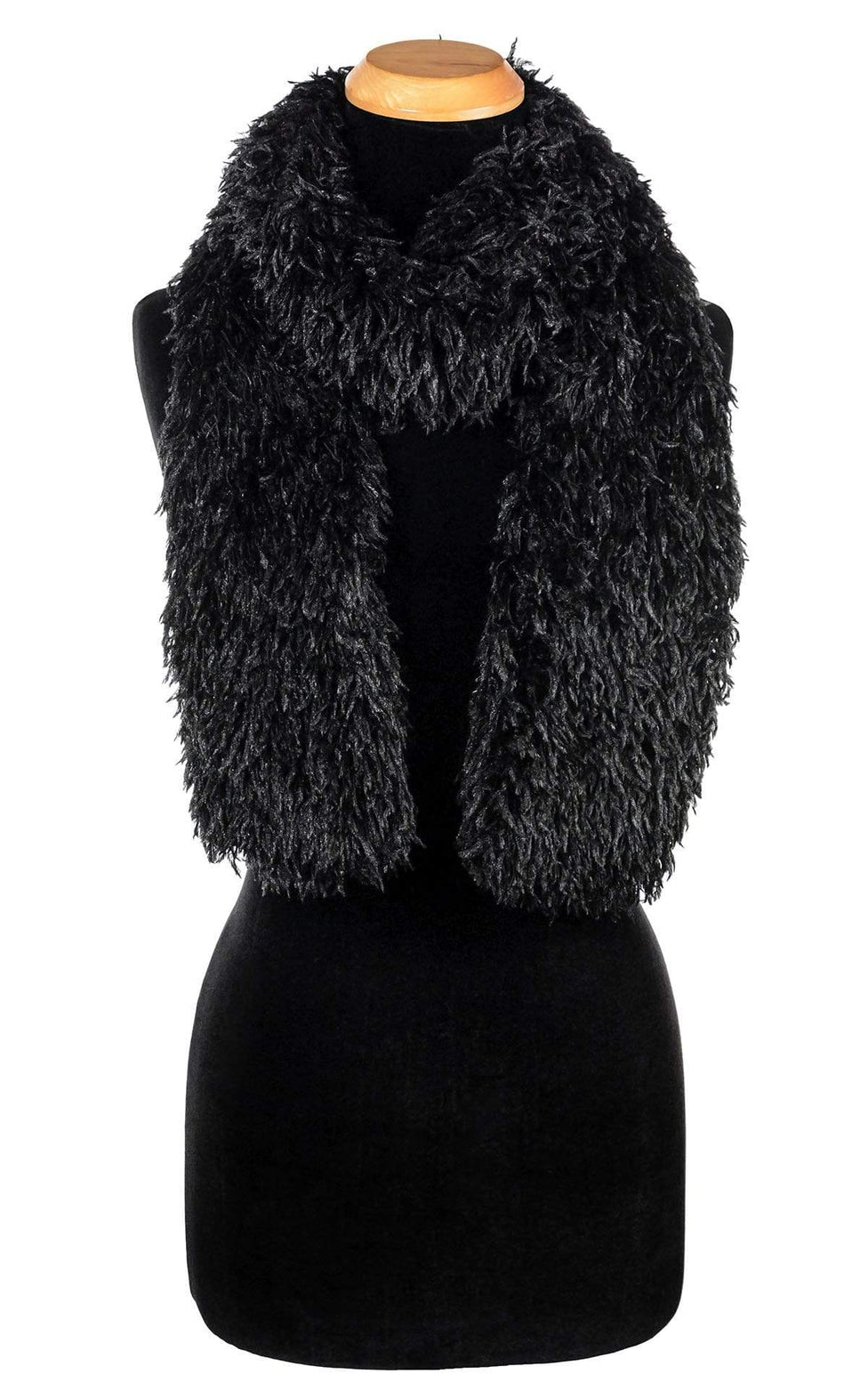 Women’s Product shot on mannequin of Classic Scarf | Black Swan Faux Fur | Handmade by Pandemonium Millinery Seattle, WA USA