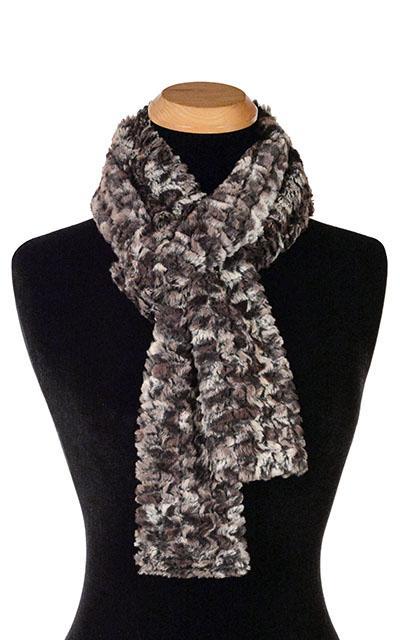 Women’s Product shot on mannequin of Skinny Classic  Scarf | Calico faux fur in brown crems and black | Handmade by Pandemonium Millinery Seattle, WA USA