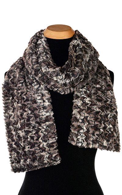 Women’s Product shot on mannequin of Classic  Scarf | Calico faux fur in brown crems and black | Handmade by Pandemonium Millinery Seattle, WA USA