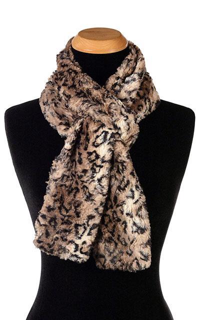 Women’s Product shot on mannequin of Classic Skinny Scarf | Carpathian faux fur in brown creams and black | Handmade by Pandemonium Millinery Seattle, WA USA