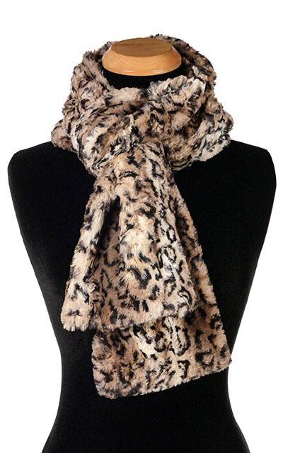 Women’s Product shot on mannequin of Classic Scarf | Carpathian faux fur in brown creams and black | Handmade by Pandemonium Millinery Seattle, WA USA