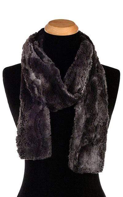 Women’s Product shot on mannequin of Classic Skinny Scarf | Espresso in blacks and browns Faux Fur | Handmade by Pandemonium Millinery Seattle, WA USA