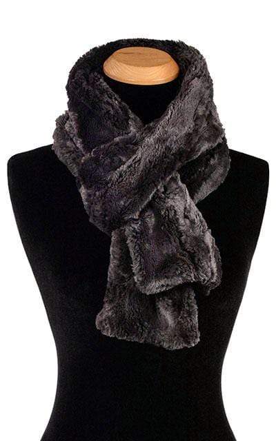Women’s Product shot on mannequin of Classic Skinny Scarf | Espresso in blacks and browns Faux Fur | Handmade by Pandemonium Millinery Seattle, WA USA