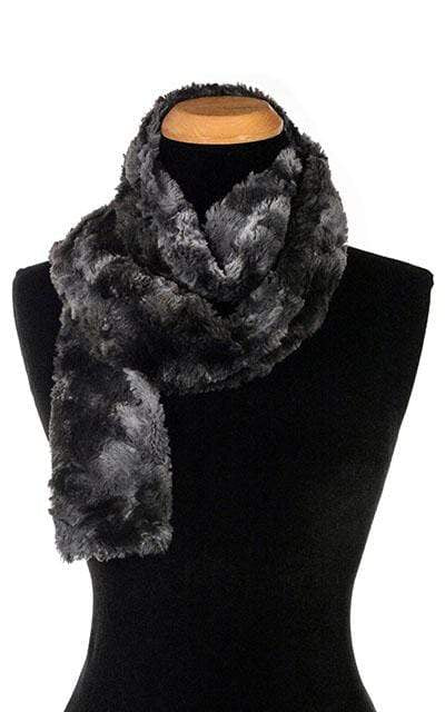 Women’s Product shot on mannequin of Classic Skinny  Scarf | Highland in Skye faux fur tie dye navy grays and blues| Handmade by Pandemonium Millinery Seattle, WA USA