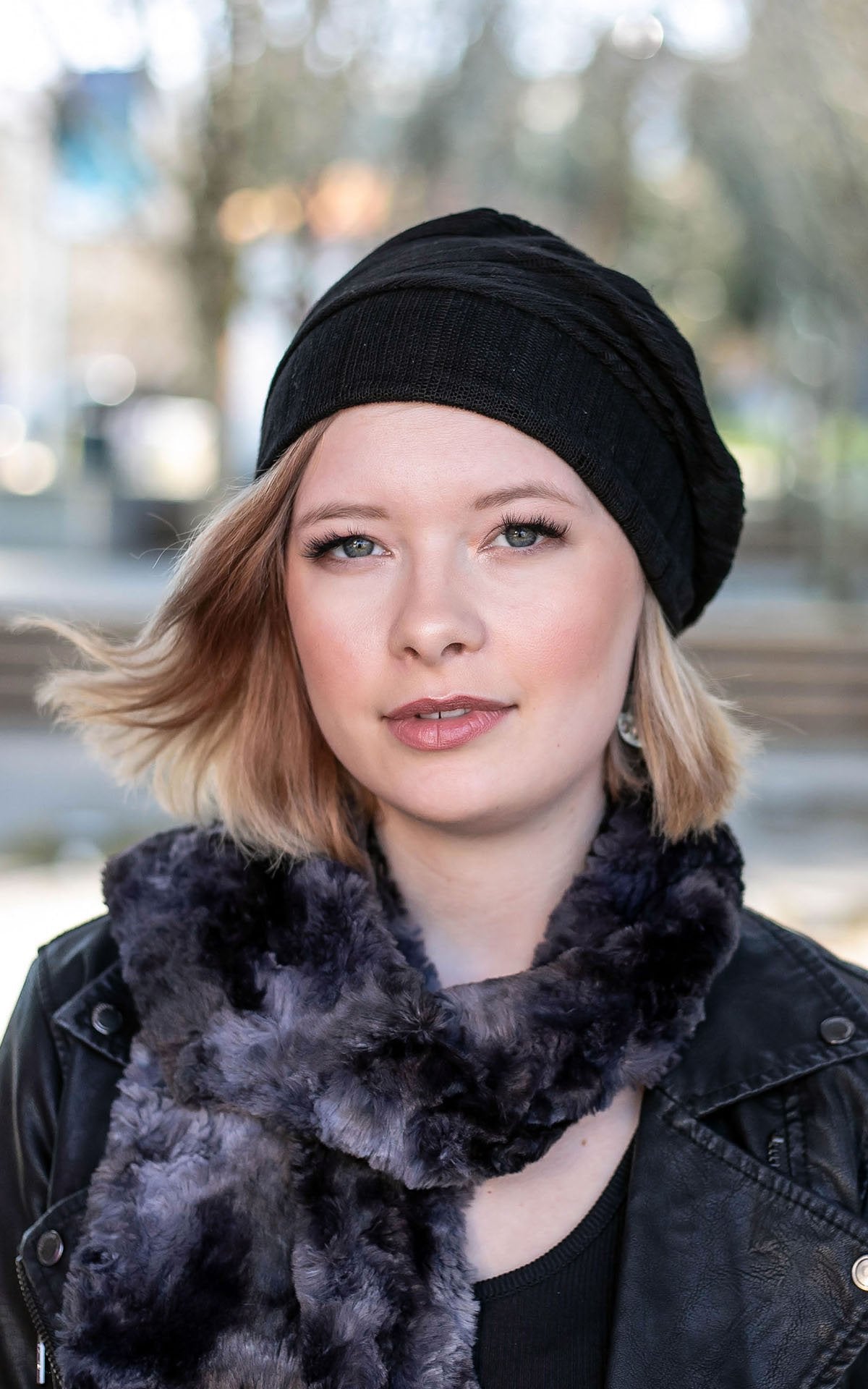 Women outside wearing a Rowdie style slouchy knit hat and Classic Scarf | Highland in Skye faux fur tie dye navy grays and blues| Handmade by Pandemonium Millinery Seattle, WA USA