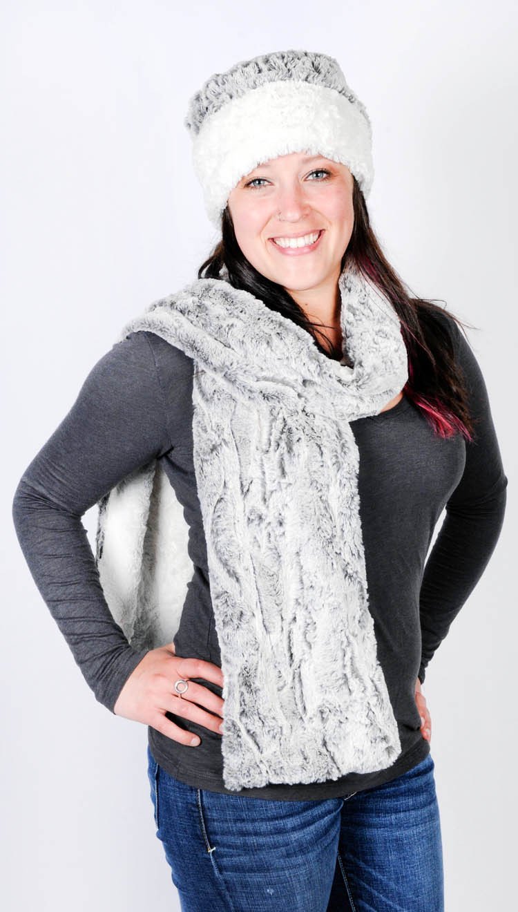 Women wearing Khaki cuffed pillbox with matching Classic Scarf | Khaki faux fur Ivory, grya/green | Handmade by Pandemonium Millinery Seattle, WA USA