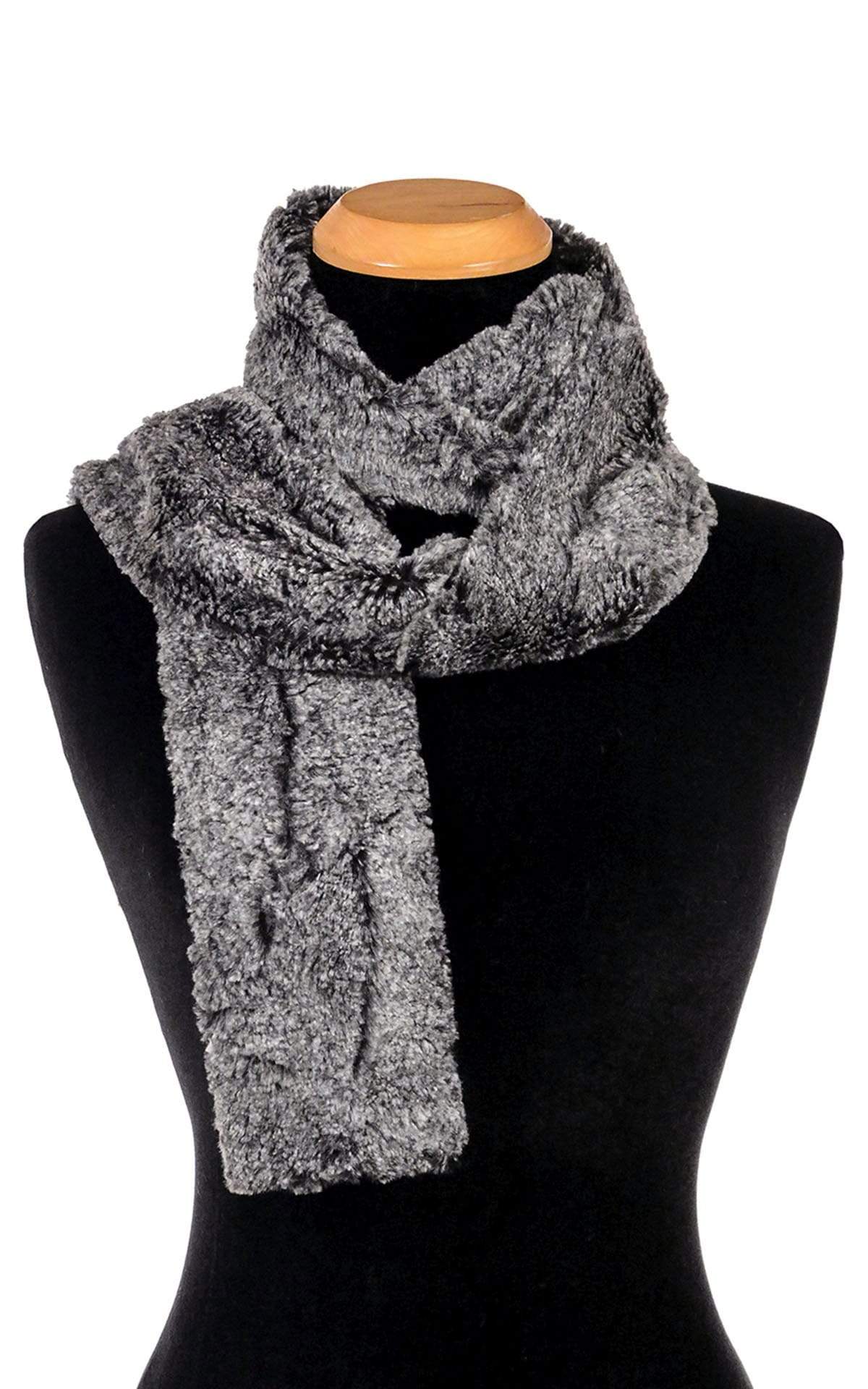 Classic Scarf in Luxury Faux Fur Nimbus. Displayed as pull-thru. Pandemonium Millinery