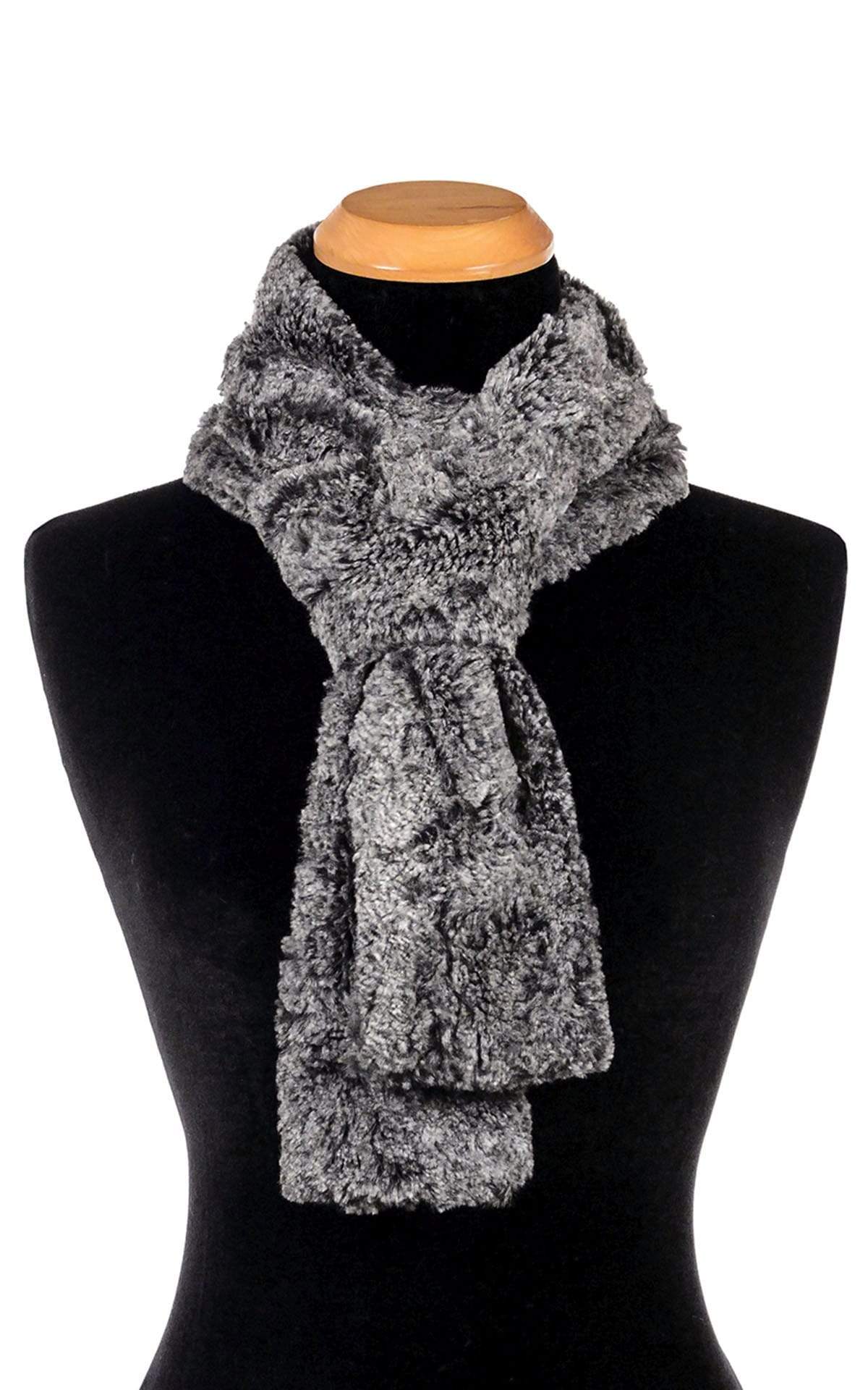 Classic Scarf in Luxury Faux Fur Nimbus. Displayed as pull-thru. Pandemonium Millinery