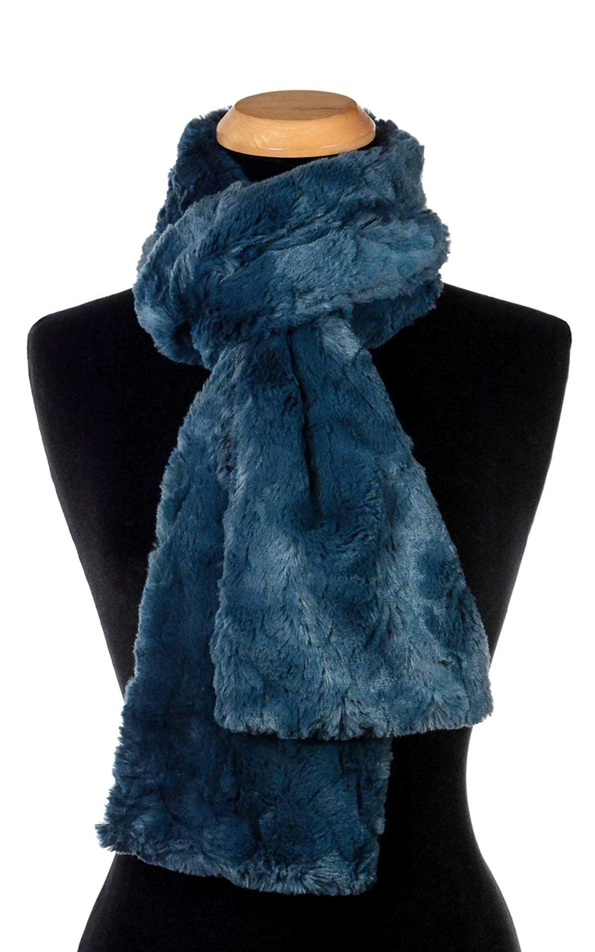 Women’s Product shot on mannequin of Classic Scarf | Peacock Pond blue/teal Faux Fur | Handmade by Pandemonium Millinery Seattle, WA USA