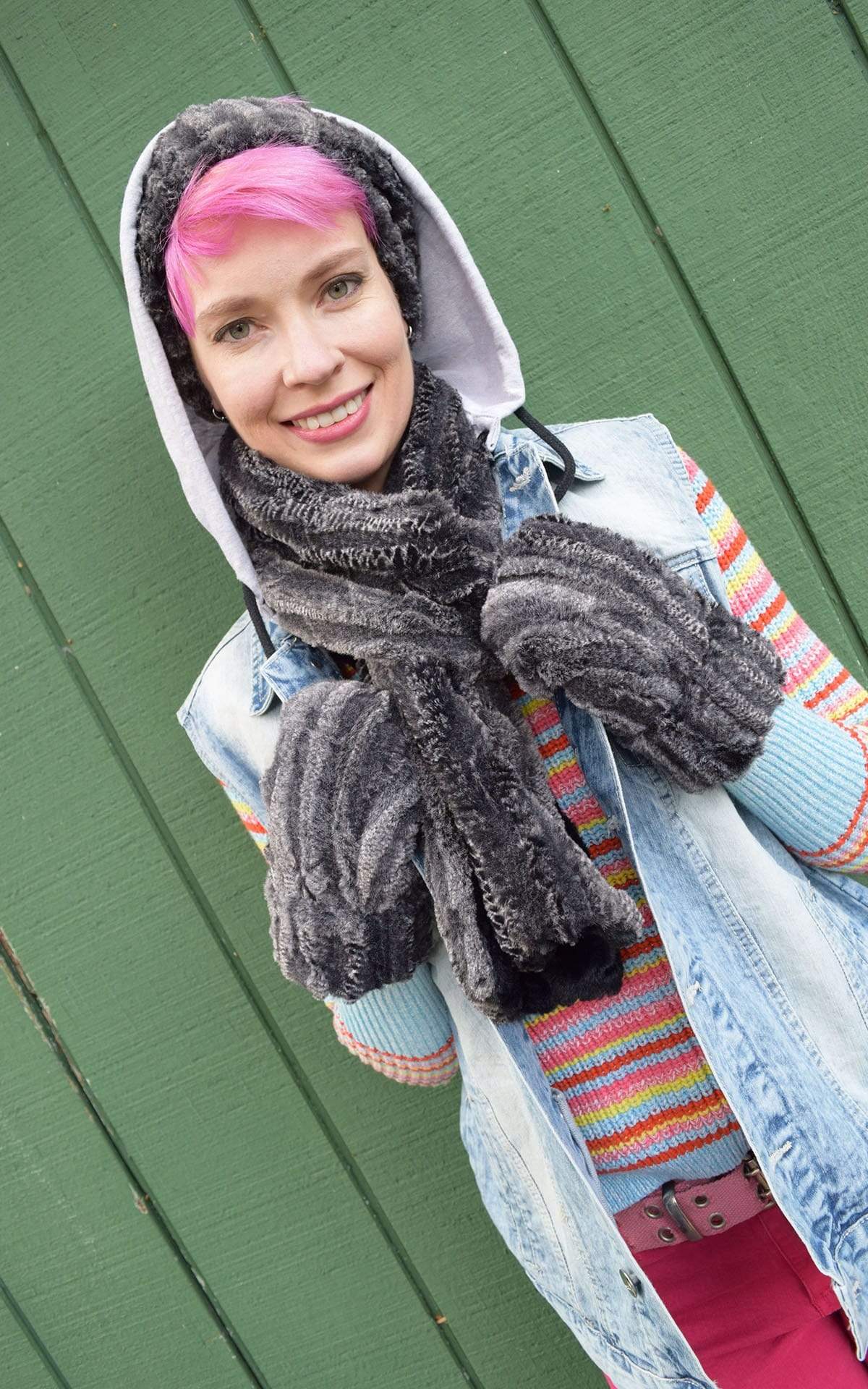 Model waring matching headband, mittens and  Skinny Classic Scarf Rattle ‘n’ shake animal snake print Faux Fur | Handmade by Pandemonium Millinery Seattle, WA USA