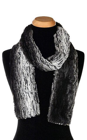 Women’s Product shot on mannequin of Classic Skinny Scarf | Smoldering Sequoia, black and ivory  Faux Fur | Handmade by Pandemonium Millinery Seattle, WA USA