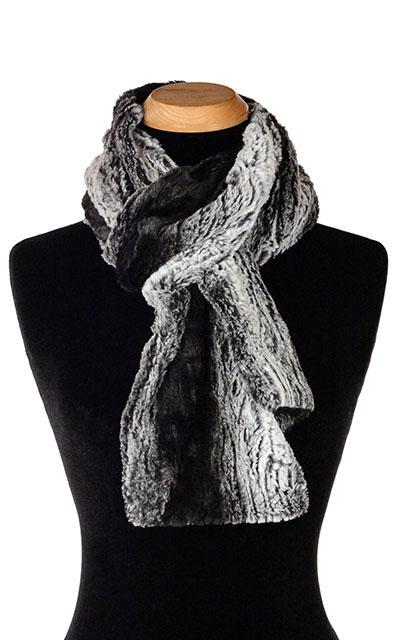 Women’s Product shot on mannequin of Classic Scarf | Smoldering Sequoia, black and ivory  Faux Fur | Handmade by Pandemonium Millinery Seattle, WA USA