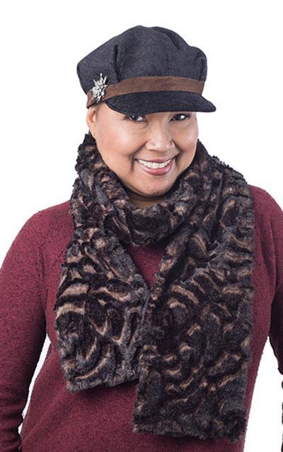 Model wearing valeric cap style hat and  Classic Scarf | Vintage Rose in blacks and browns Faux Fur | Handmade by Pandemonium Millinery Seattle, WA USA
