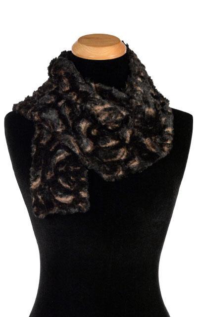 Women’s Product shot on mannequin of Classic Skinny Scarf | Vintage Rose in blacks and browns Faux Fur | Handmade by Pandemonium Millinery Seattle, WA USA