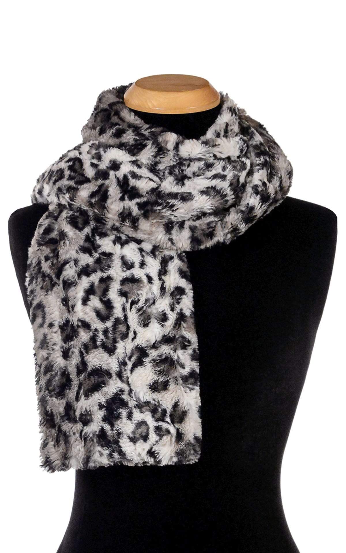 Women’s Product shot on mannequin of Classic Scarf | Savannah Cat animal print Faux Fur | Handmade by Pandemonium Millinery Seattle, WA USA