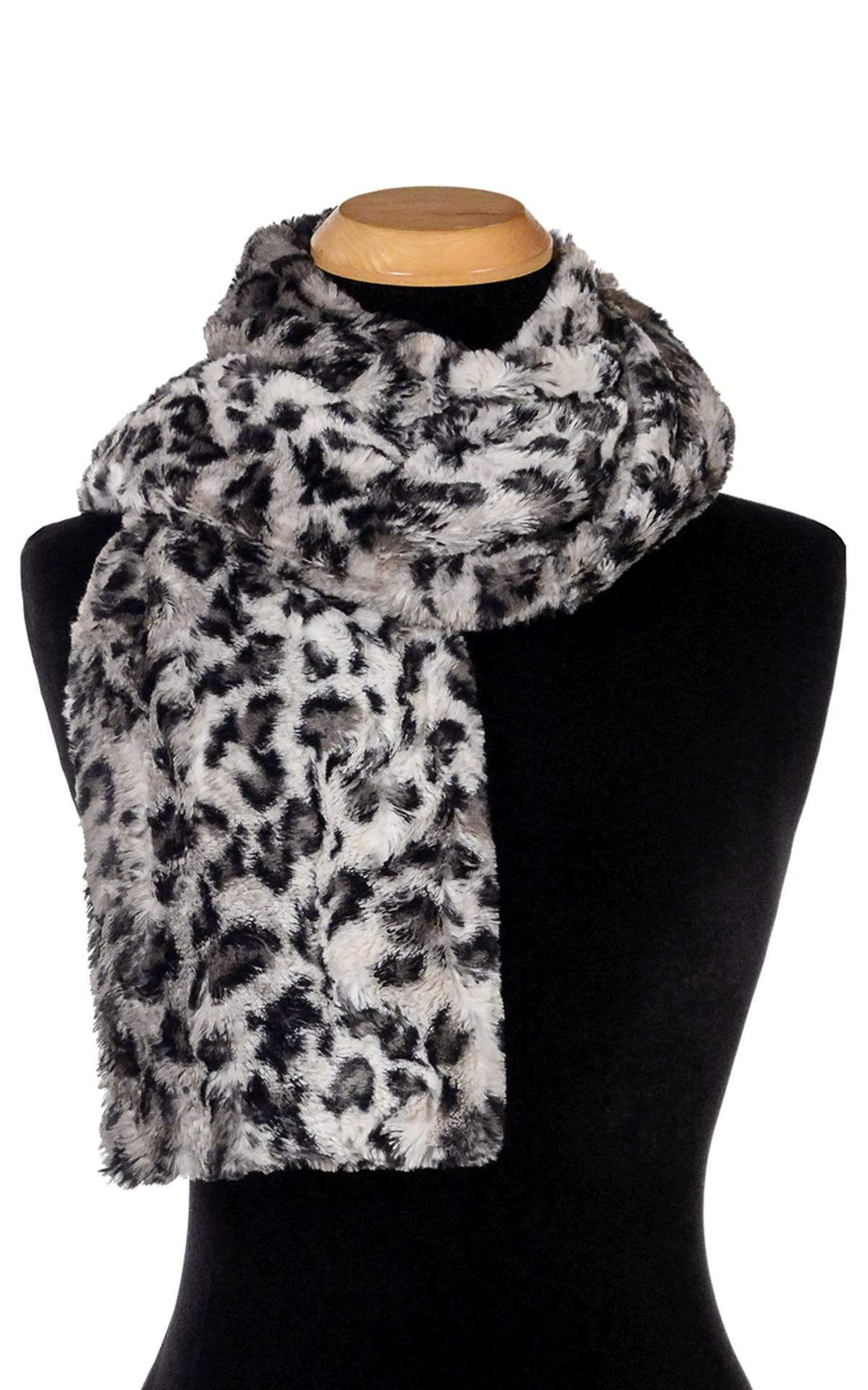 Women’s Product shot on mannequin of Classic Scarf | Savannah Cat animal print Faux Fur | Handmade by Pandemonium Millinery Seattle, WA USA